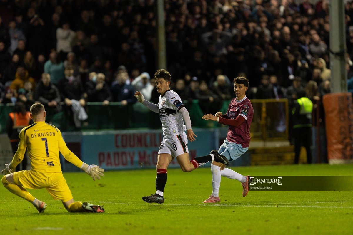 Colm Whelan of Bohemian FC has a shot saved by Drogheda United FC's goalkeeper Luke Dennison during the SSE Airtricity League Men's Premier Division match between Drogheda United FC and Bohemian Football Club at Sullivan &amp; Lambe Park.